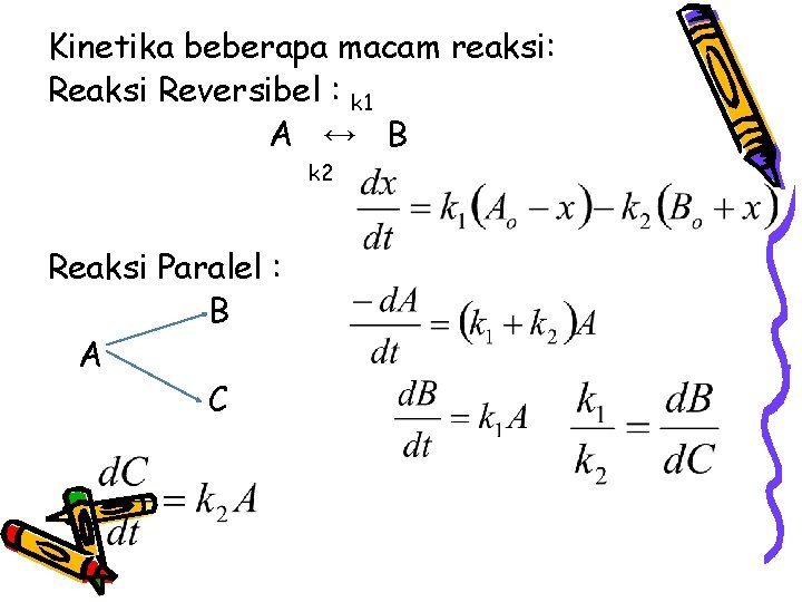 Kinetika beberapa macam reaksi: Reaksi Reversibel : k 1 A ↔ B k 2