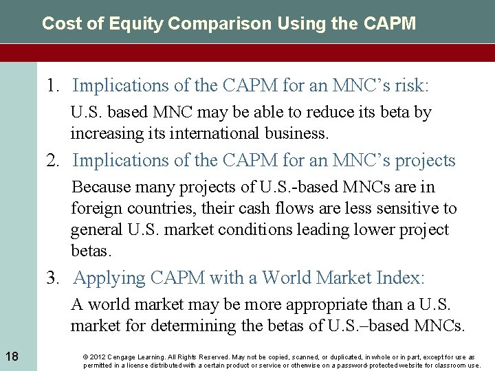 Cost of Equity Comparison Using the CAPM 1. Implications of the CAPM for an