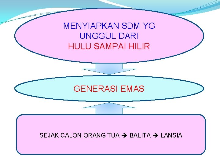 MENYIAPKAN SDM YG UNGGUL DARI HULU SAMPAI HILIR GENERASI EMAS SEJAK CALON ORANG TUA