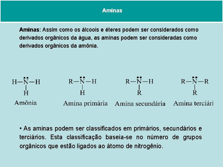 Aminas: Assim como os álcoois e éteres podem ser considerados como derivados orgânicos da