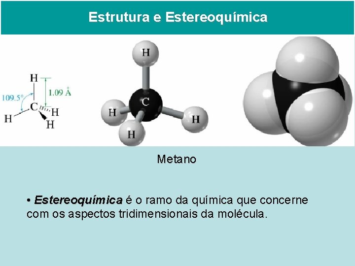 Estrutura e Estereoquímica Metano • Estereoquímica é o ramo da química que concerne com