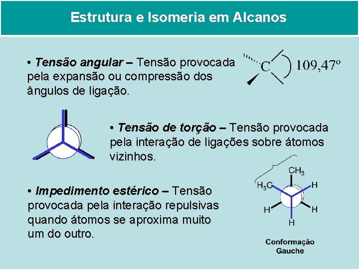 Estrutura e Isomeria em Alcanos • Tensão angular – Tensão provocada pela expansão ou