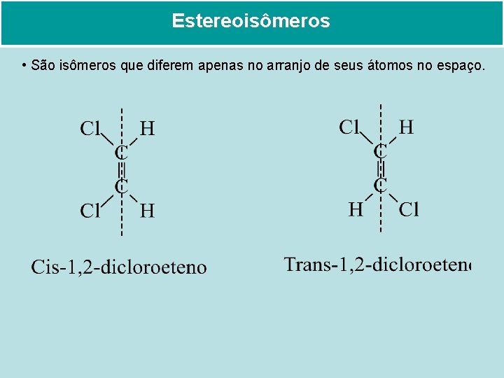 Estereoisômeros • São isômeros que diferem apenas no arranjo de seus átomos no espaço.