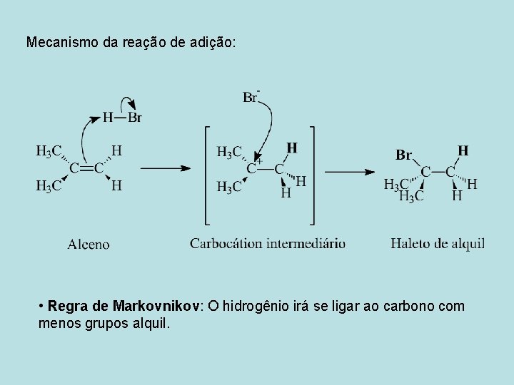 Mecanismo da reação de adição: • Regra de Markovnikov: O hidrogênio irá se ligar