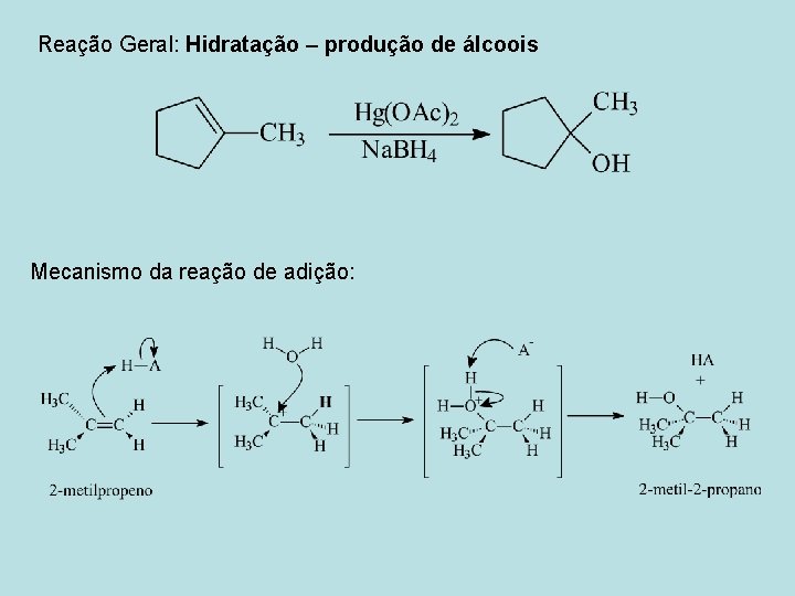 Reação Geral: Hidratação – produção de álcoois Mecanismo da reação de adição: 