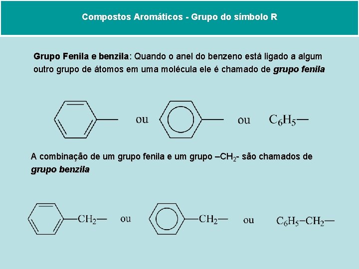 Compostos Aromáticos - Grupo do símbolo R Grupo Fenila e benzila: Quando o anel