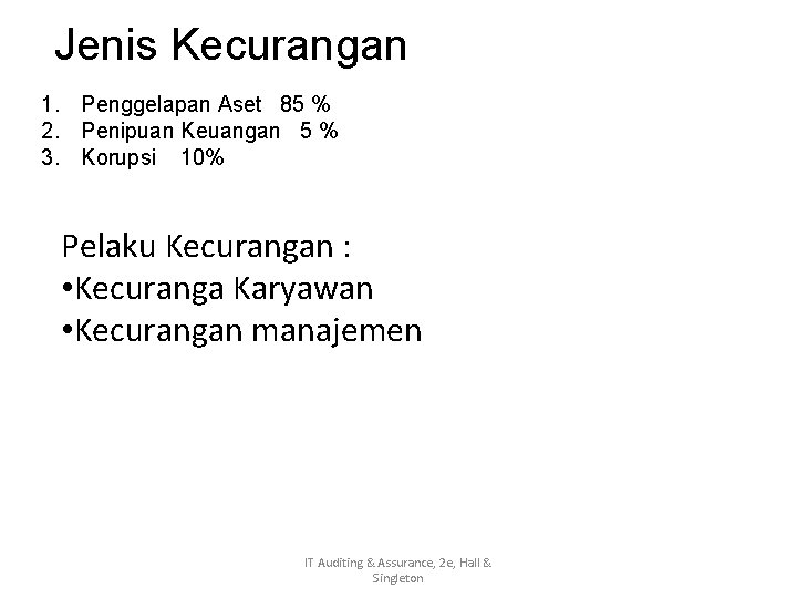 Jenis Kecurangan 1. Penggelapan Aset 85 % 2. Penipuan Keuangan 5 % 3. Korupsi