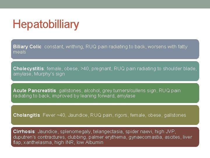 Hepatobilliary Biliary Colic: constant, writhing, RUQ pain radiating to back, worsens with fatty meals