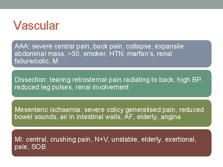 Vascular AAA: severe central pain, back pain, collapse, expansile abdominal mass, >50, smoker, HTN,