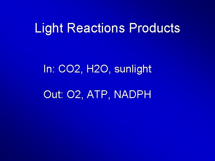 Light Reactions Products In: CO 2, H 2 O, sunlight Out: O 2, ATP,