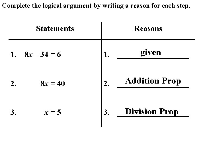 Complete the logical argument by writing a reason for each step. Statements 1. 8