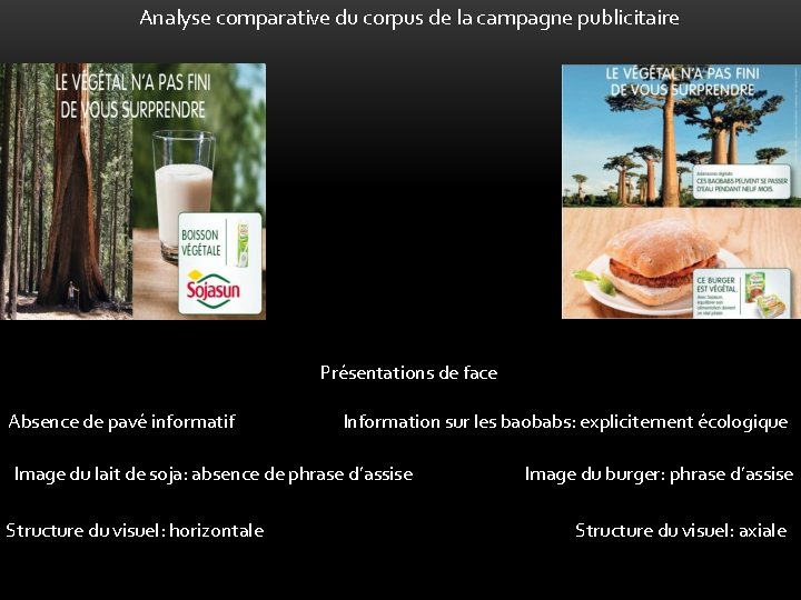 Analyse comparative du corpus de la campagne publicitaire Présentations de face Absence de pavé