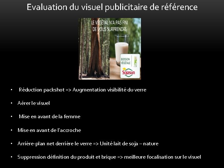 Evaluation du visuel publicitaire de référence • Réduction packshot => Augmentation visibilité du verre