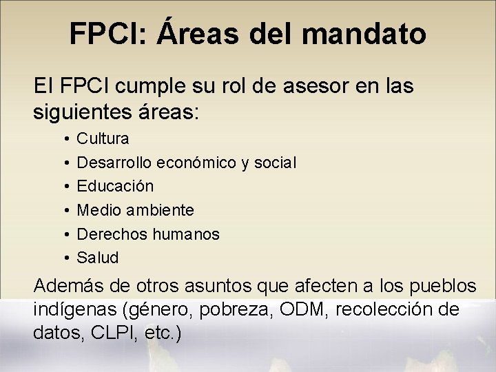 FPCI: Áreas del mandato El FPCI cumple su rol de asesor en las siguientes