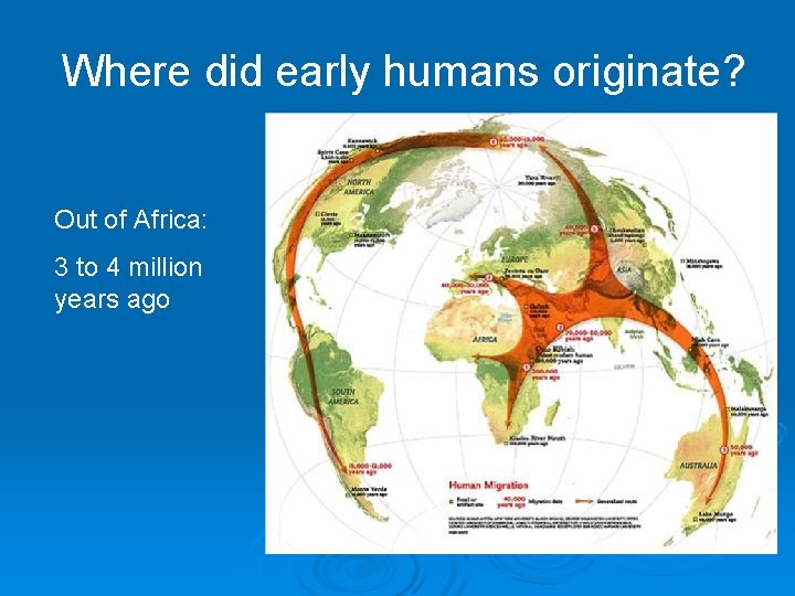 Where did early humans originate? Out of Africa: 3 to 4 million years ago