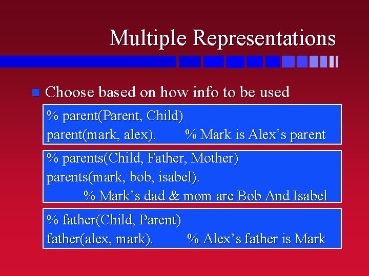 Multiple Representations n Choose based on how info to be used % parent(Parent, Child) Multiple Representations n Choose based on how info to be used % parent(Parent, Child)