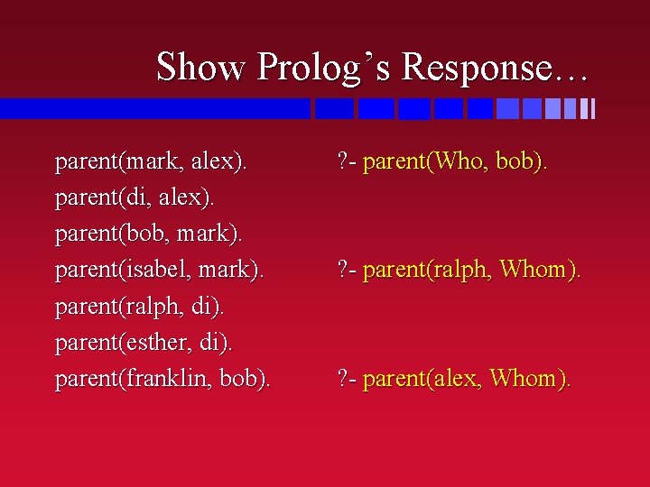 Show Prolog’s Response… parent(mark, alex). parent(di, alex). parent(bob, mark). parent(isabel, mark). parent(ralph, di). parent(esther, Show Prolog’s Response… parent(mark, alex). parent(di, alex). parent(bob, mark). parent(isabel, mark). parent(ralph, di). parent(esther,