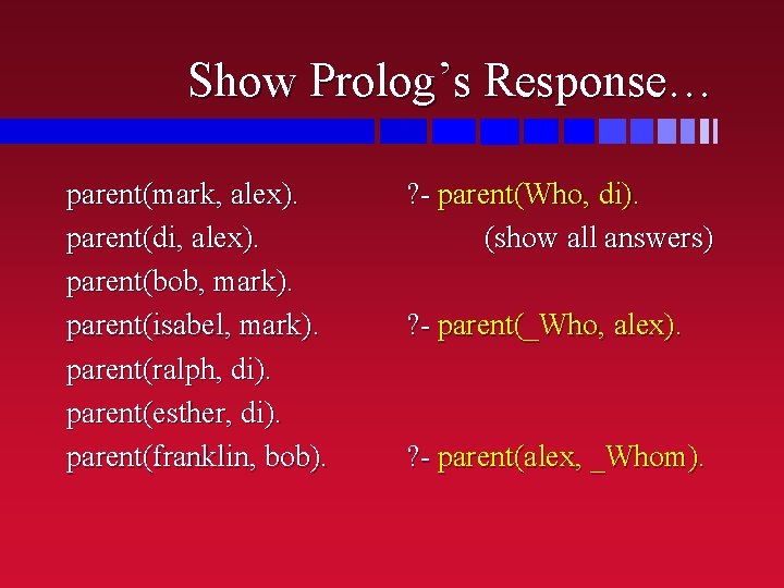 Show Prolog’s Response… parent(mark, alex). parent(di, alex). parent(bob, mark). parent(isabel, mark). parent(ralph, di). parent(esther, Show Prolog’s Response… parent(mark, alex). parent(di, alex). parent(bob, mark). parent(isabel, mark). parent(ralph, di). parent(esther,