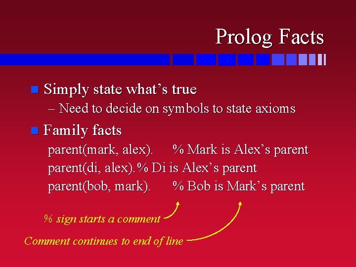 Prolog Facts n Simply state what’s true – Need to decide on symbols to Prolog Facts n Simply state what’s true – Need to decide on symbols to