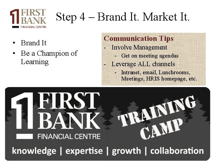 Step 4 – Brand It. Market It. • Brand It • Be a Champion