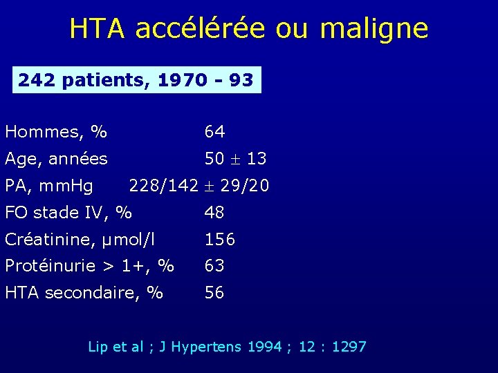 HTA accélérée ou maligne 242 patients, 1970 - 93 Hommes, % 64 Age, années