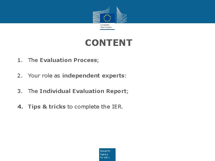 CONTENT 1. The Evaluation Process; 2. Your role as independent experts: 3. The Individual