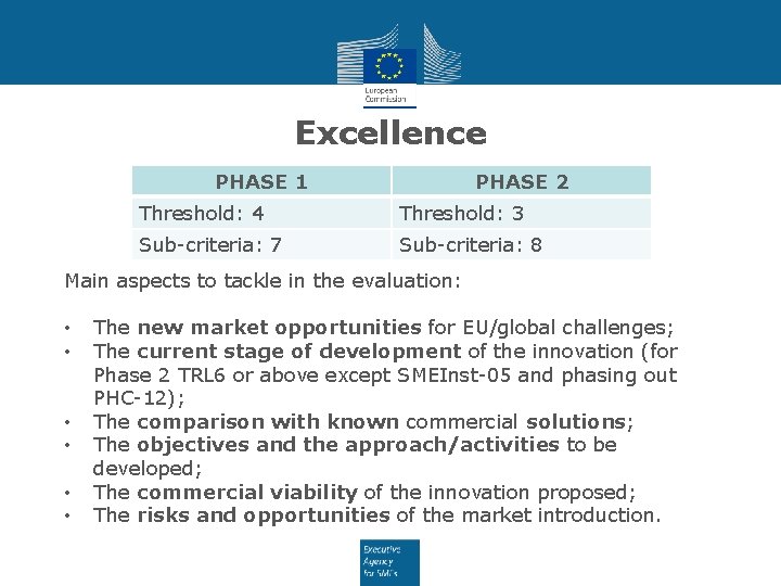 Excellence PHASE 1 PHASE 2 Threshold: 4 Threshold: 3 Sub-criteria: 7 Sub-criteria: 8 Main