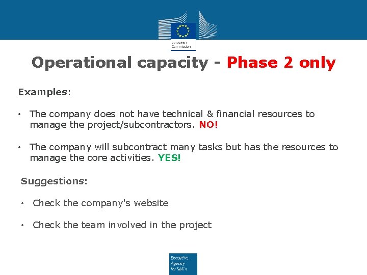 Operational capacity - Phase 2 only Examples: • The company does not have technical