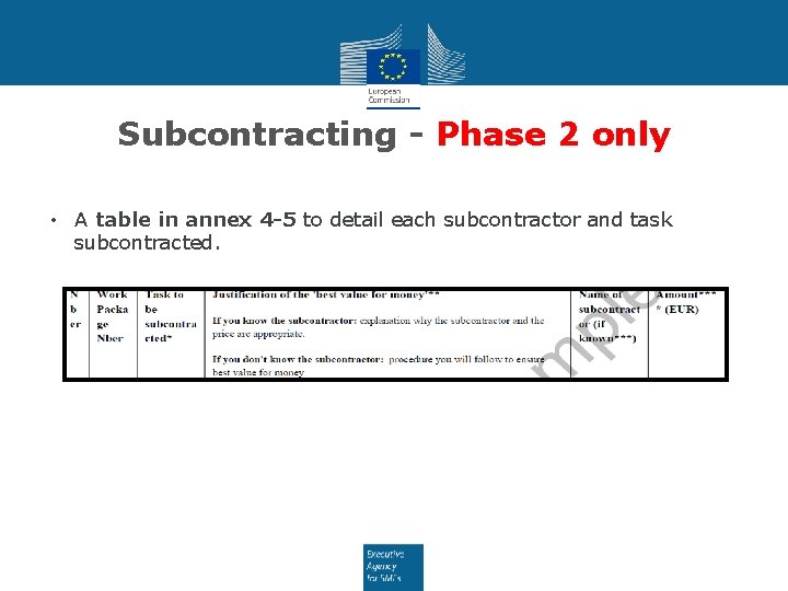 Subcontracting - Phase 2 only • A table in annex 4 -5 to detail