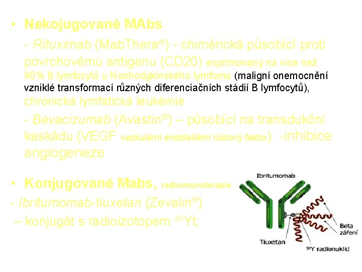  • Nekojugované MAbs - Rituximab (Mab. Thera®) - chimérická působící proti povrchovému antigenu