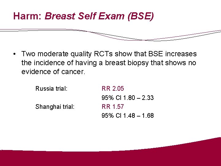 Harm: Breast Self Exam (BSE) • Two moderate quality RCTs show that BSE increases