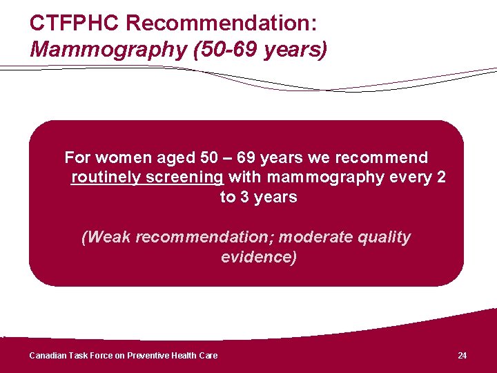CTFPHC Recommendation: Mammography (50 -69 years) For women aged 50 – 69 years we