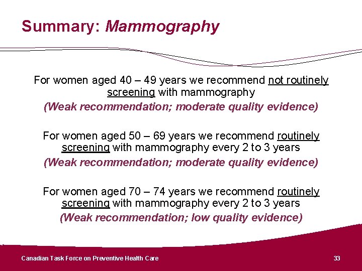 Summary: Mammography For women aged 40 – 49 years we recommend not routinely screening