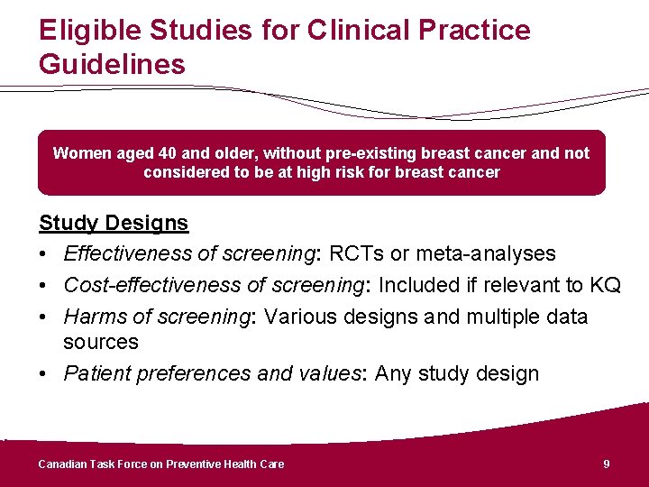 Eligible Studies for Clinical Practice Guidelines Women aged 40 and older, without pre-existing breast