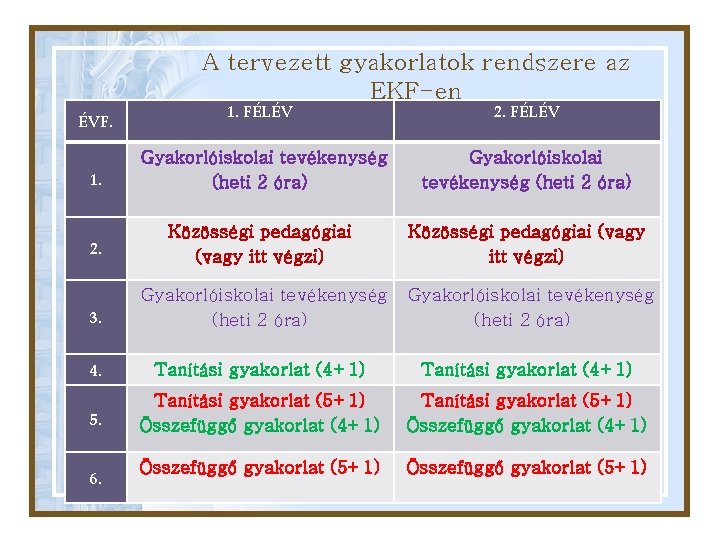 A tervezett gyakorlatok rendszere az EKF-en 1. FÉLÉV 2. FÉLÉV 1. Gyakorlóiskolai tevékenység (heti