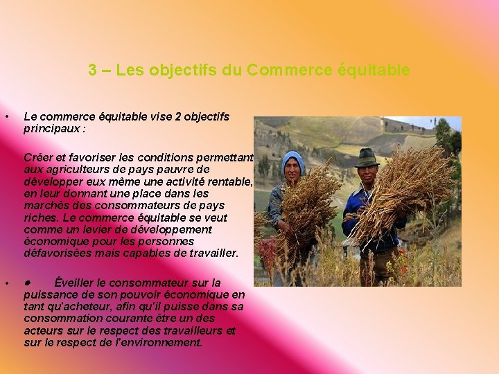 3 – Les objectifs du Commerce équitable • Le commerce équitable vise 2 objectifs