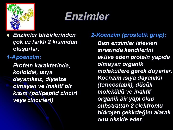 Enzimler birbirlerinden çok az farklı 2 kısımdan oluşurlar. 1 -Apoenzim: Protein karakterinde, kolloidal, ısıya