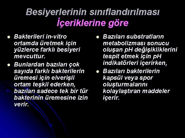 Besiyerlerinin sınıflandırılması İçeriklerine göre l l Bakterileri in-vitro ortamda üretmek için yüzlerce farklı besiyeri