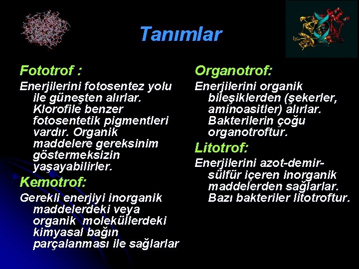 Tanımlar Fototrof : Organotrof: Enerjilerini fotosentez yolu ile güneşten alırlar. Klorofile benzer fotosentetik pigmentleri