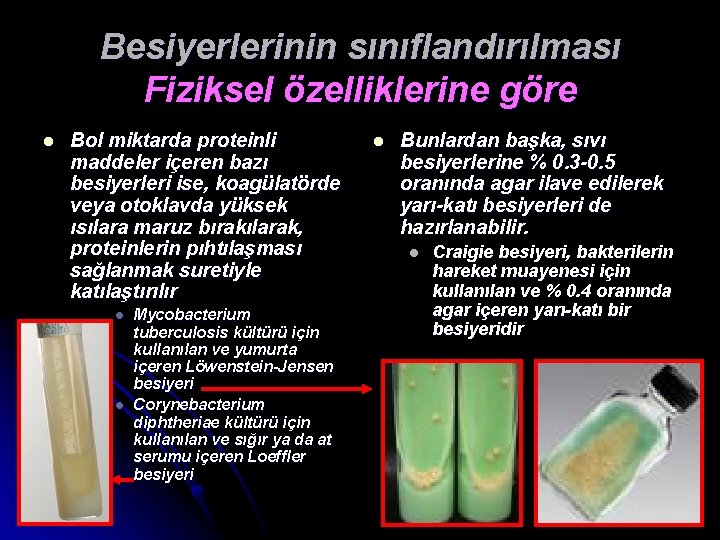 Besiyerlerinin sınıflandırılması Fiziksel özelliklerine göre l Bol miktarda proteinli maddeler içeren bazı besiyerleri ise,