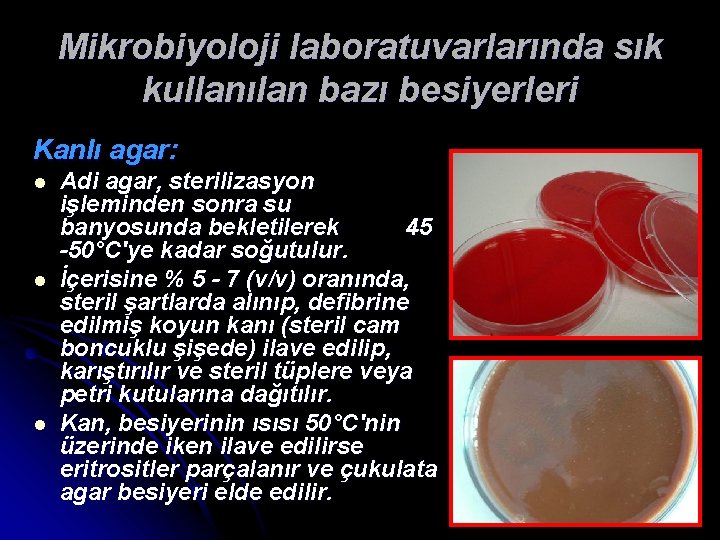 Mikrobiyoloji laboratuvarlarında sık kullanılan bazı besiyerleri Kanlı agar: l l l Adi agar, sterilizasyon