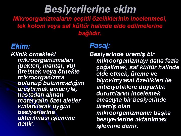 Besiyerilerine ekim Mikroorganizmaların çeşitli özelliklerinin incelenmesi, tek koloni veya saf kültür halinde elde edilmelerine