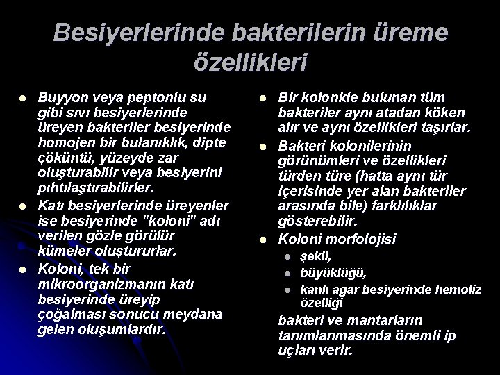 Besiyerlerinde bakterilerin üreme özellikleri l l l Buyyon veya peptonlu su gibi sıvı besiyerlerinde