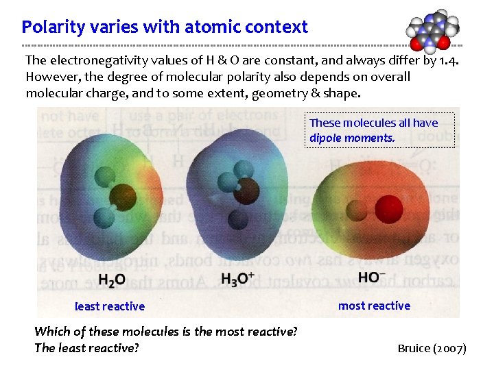 Polarity varies with atomic context The electronegativity values of H & O are constant,