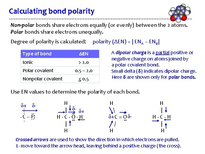 Calculating bond polarity Non-polar bonds share electrons equally (or evenly) between the 2 atoms.