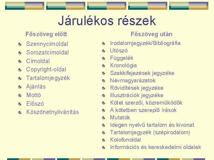 Járulékos részek Főszöveg előtt Szennycímoldal Sorozatcímoldal Copyright-oldal Tartalomjegyzék Ajánlás Mottó Előszó Köszönetnyilvánítás Főszöveg után