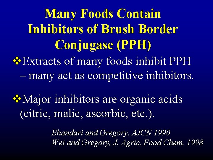 Many Foods Contain Inhibitors of Brush Border Conjugase (PPH) v. Extracts of many foods