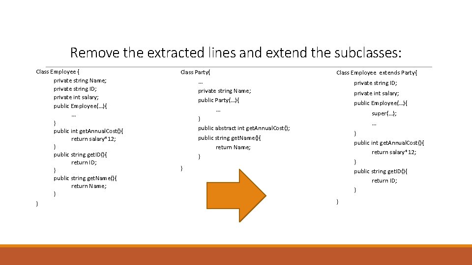 Remove the extracted lines and extend the subclasses: Class Employee { private string Name;