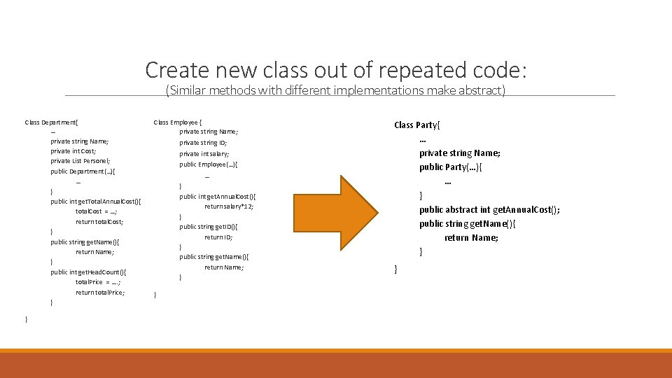 Create new class out of repeated code: (Similar methods with different implementations make abstract)