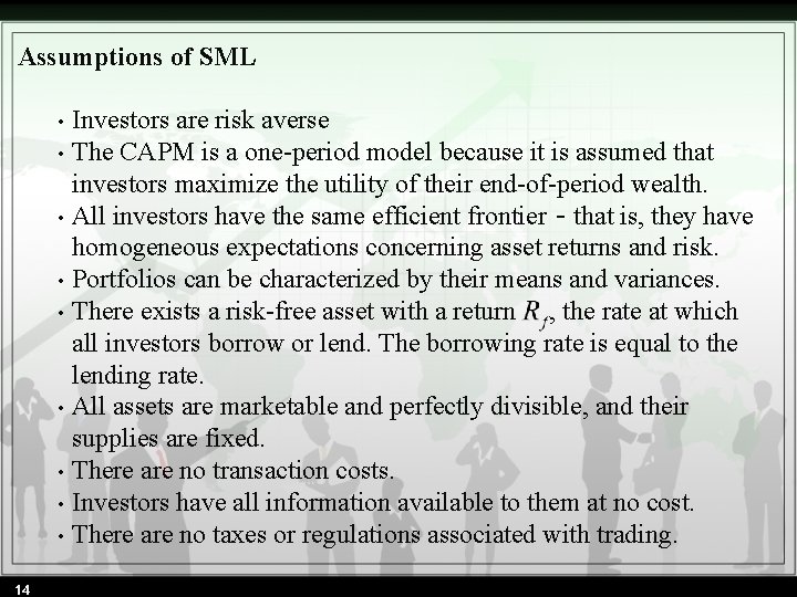 Assumptions of SML • • • 14 Investors are risk averse The CAPM is